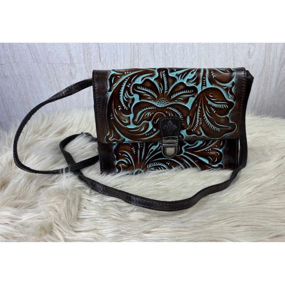 Patricia Nash Locri Crossbody Tooled Turquoise Leather Western Floral Bag